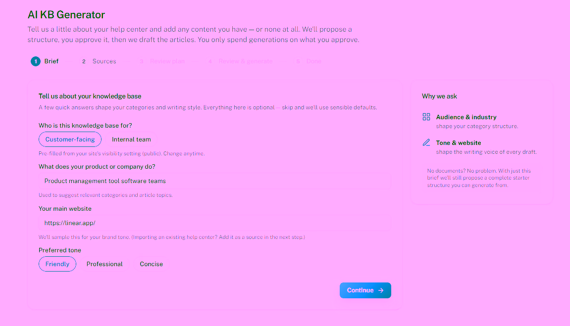 HelpSite AI KB Generator brief: audience, tone, and topic
