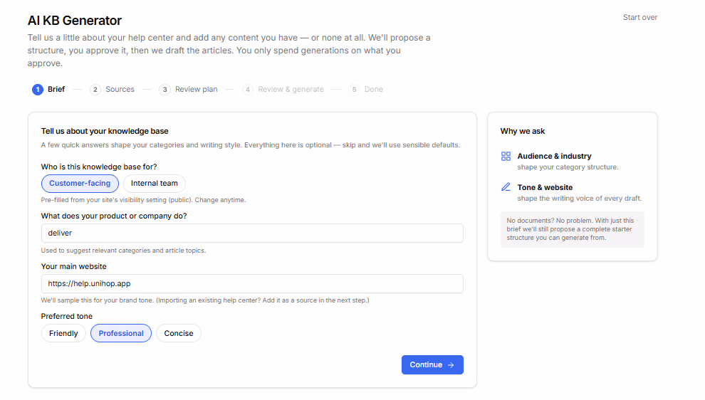 AI KB Generator brief step: audience, product description, website, and tone