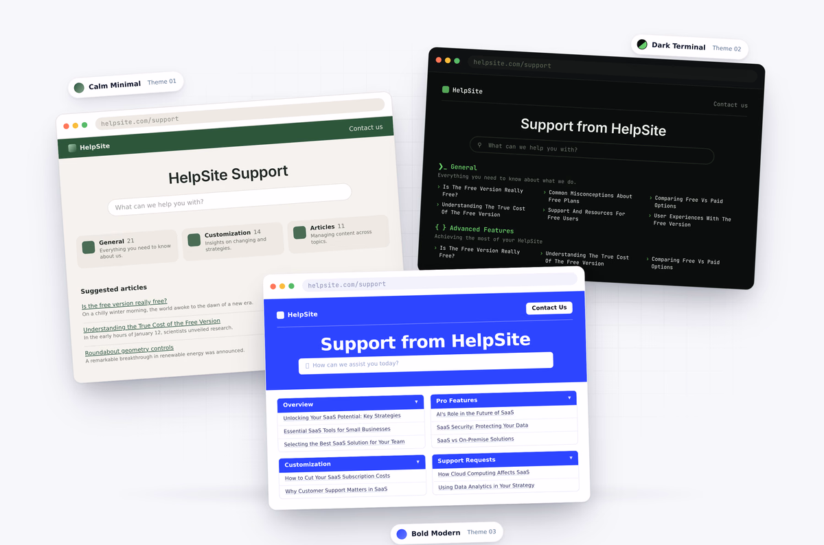 The same help center in three HelpSite themes: Calm Minimal, Dark Terminal, and Bold Modern