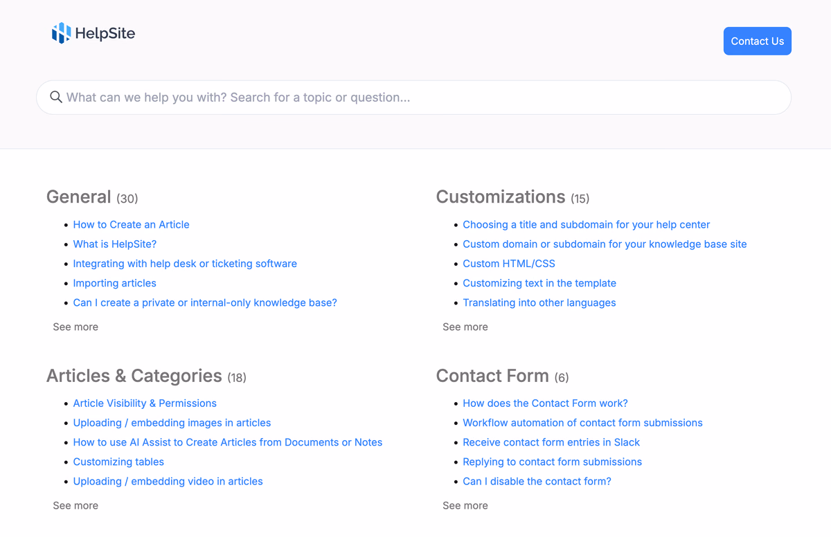 Customer-facing HelpSite knowledge base homepage with search and article categories